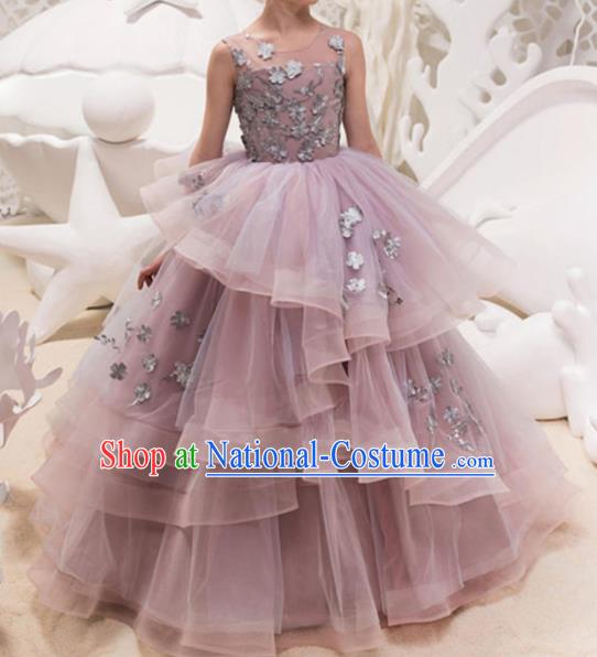 Top Grade Catwalks Stage Show Purple Veil Dress Modern Fancywork Compere Court Princess Dance Costume for Kids