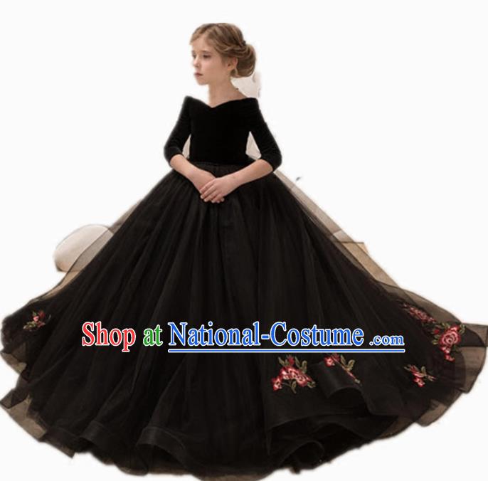 Top Grade Catwalks Stage Show Embroidered Black Dress Modern Fancywork Compere Court Princess Dance Costume for Kids