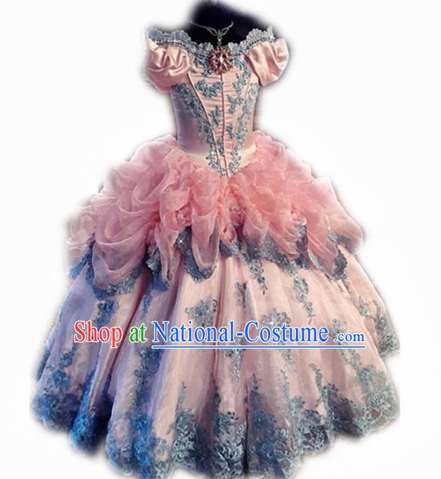 Top Grade Catwalks Stage Show Embroidered Pink Veil Dress Modern Fancywork Compere Court Princess Dance Costume for Kids