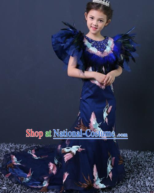 Chinese Stage Performance Embroidered Cranes Blue Full Dress Catwalks Modern Fancywork Dance Costume for Kids