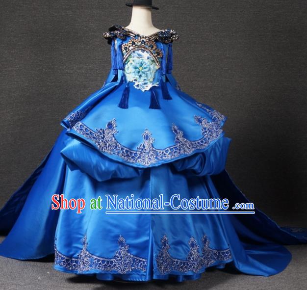 Chinese Stage Performance Embroidered Royalblue Full Dress Catwalks Modern Fancywork Dance Costume for Kids