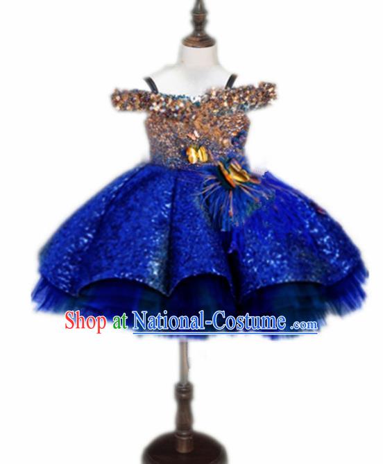 Top Grade Stage Show Costume Catwalks Princess Royalblue Paillette Bubble Full Dress for Kids