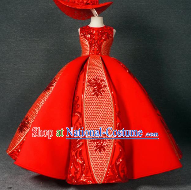 Chinese Stage Performance Embroidered Red Bubble Full Dress Catwalks Modern Fancywork Dance Costume for Kids