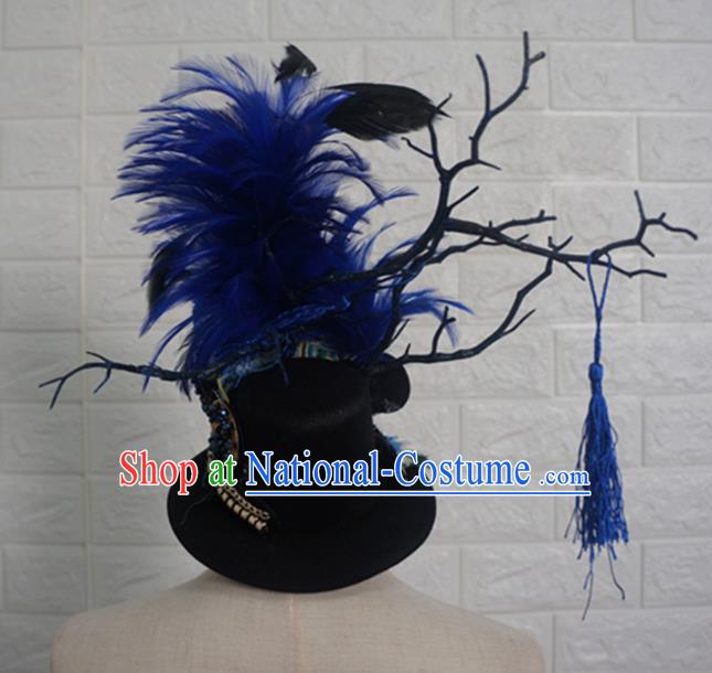 Top Grade Handmade Stage Show Blue Feather Hair Accessories Halloween Cosplay Top Hat Headwear for Kids