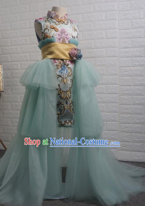 Top Grade Chinese Stage Show Costume Catwalks Green Qipao Full Dress for Kids