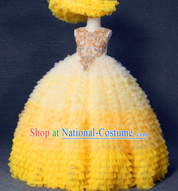 Top Grade Stage Show Costume Catwalks Princess Yellow Layered Full Dress for Kids