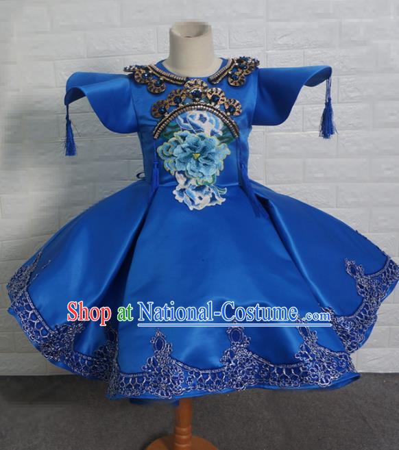 Top Grade Chinese Stage Show Costume Catwalks Dance Embroidered Peony Blue Full Dress for Kids