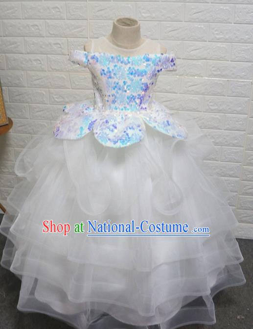 Top Grade Stage Show Dance White Veil Full Dress Catwalks Court Princess Costume for Kids