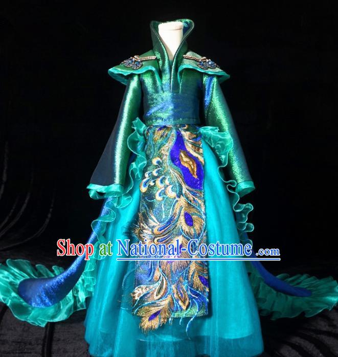 Top Grade Chinese Stage Show Costume Catwalks Dance Embroidered Green Trailing Full Dress for Kids