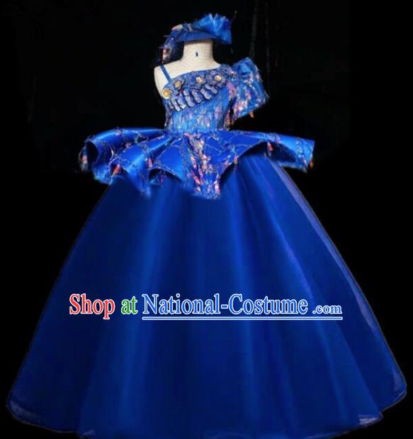 Top Grade Chinese Stage Show Costume Catwalks Dance Embroidered Royalblue Full Dress for Kids