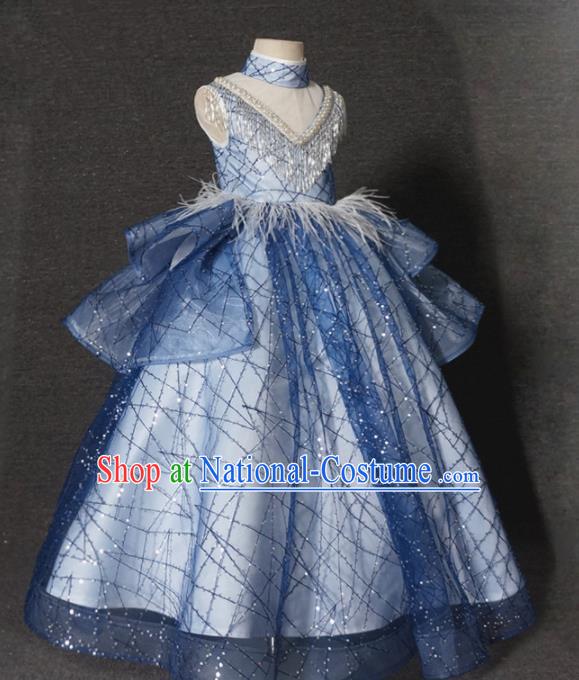 Top Grade Stage Show Dance Compere Blue Veil Full Dress Catwalks Court Princess Costume for Kids