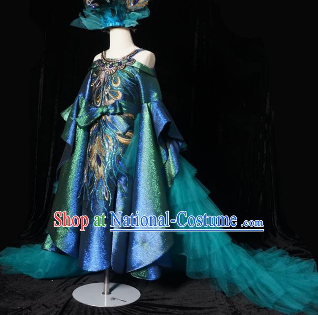 Top Grade Stage Show Dance Peacock Trailing Full Dress Catwalks Court Princess Costume for Kids