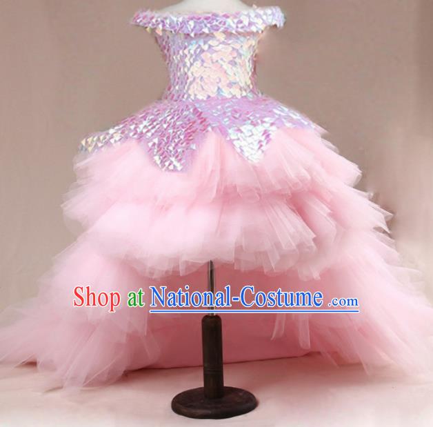 Top Grade Stage Show Dance Compere Pink Veil Trailing Full Dress Catwalks Court Princess Costume for Kids