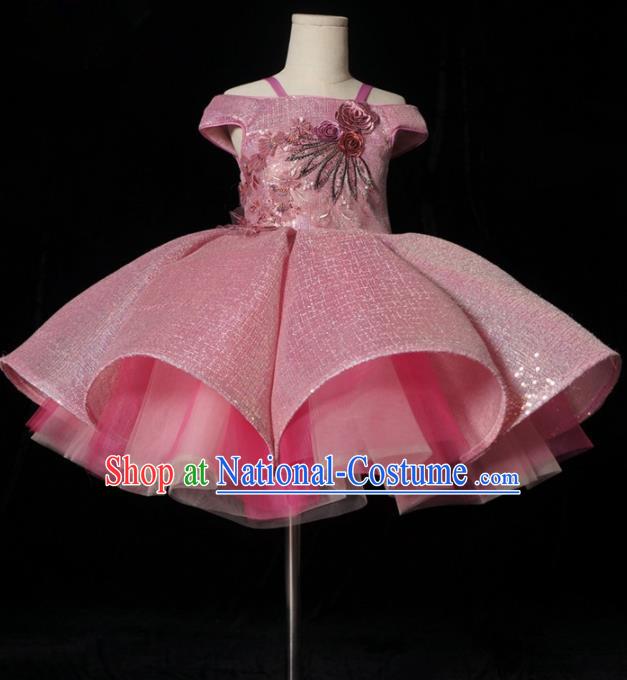 Top Grade Stage Show Dance Compere Pink Bubble Veil Full Dress Catwalks Court Princess Costume for Kids