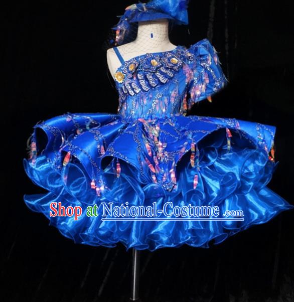 Top Grade Chinese Stage Show Costume Catwalks Dance Embroidered Blue Bubble Full Dress for Kids