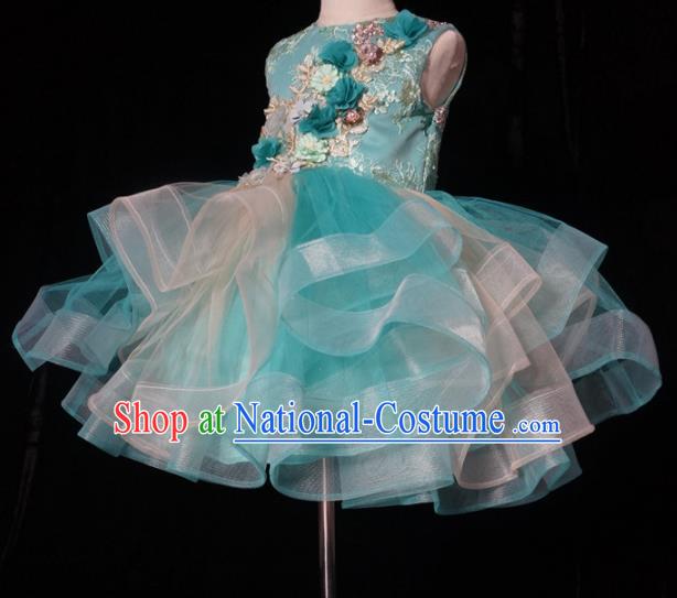 Top Grade Stage Show Dance Green Veil Short Full Dress Catwalks Court Princess Costume for Kids