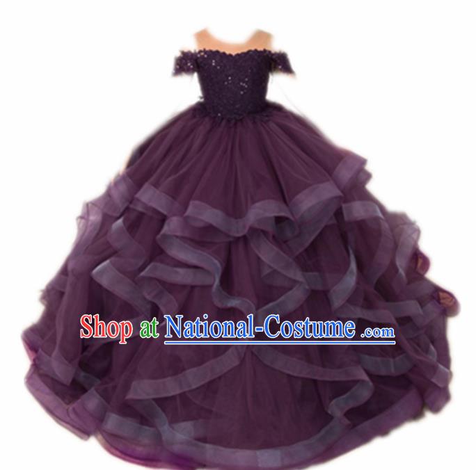 Top Grade Stage Show Compere Deep Purple Veil Dress Catwalks Court Princess Dance Costume for Kids