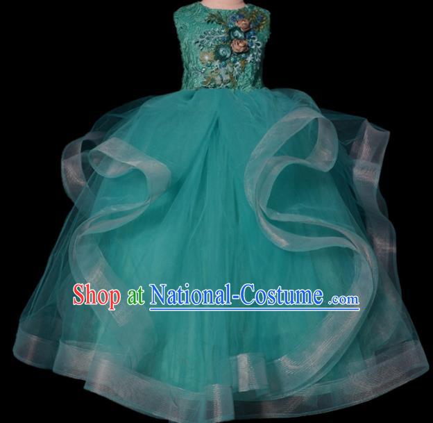 Top Grade Stage Show Compere Embroidered Green Veil Dress Catwalks Court Princess Dance Costume for Kids