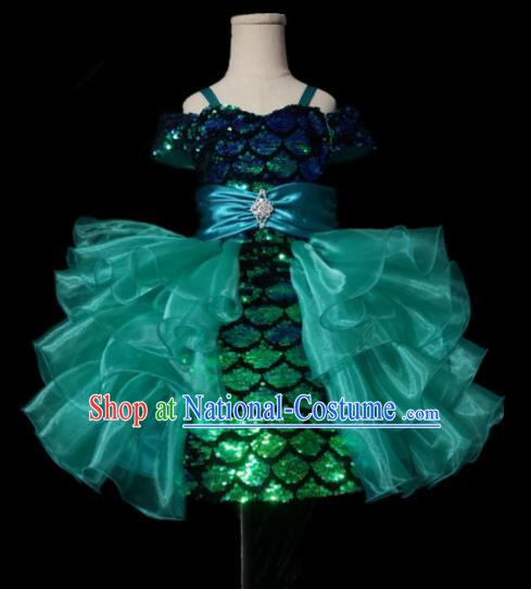 Top Grade Stage Show Compere Green Veil Bubble Dress Catwalks Court Princess Dance Costume for Kids