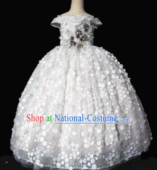 Top Grade Modern Fancywork Compere White Dress Catwalks Court Princess Stage Show Dance Costume for Kids