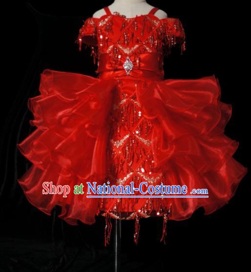 Top Grade Modern Fancywork Compere Red Bubble Dress Catwalks Court Princess Stage Show Dance Costume for Kids