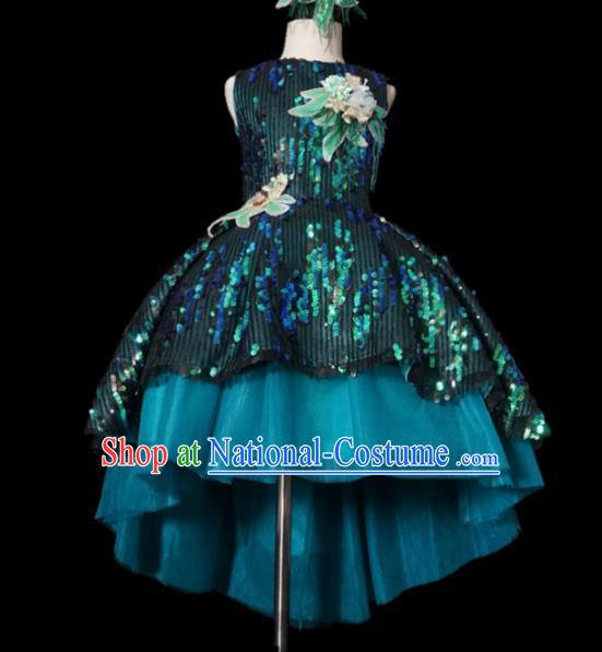 Top Grade Modern Fancywork Compere Green Paillette Dress Catwalks Court Princess Stage Show Dance Costume for Kids