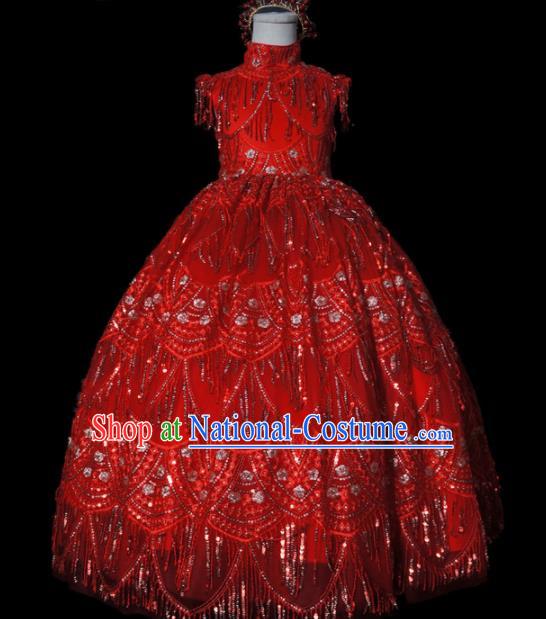 Top Grade Chinese Stage Show Costume Catwalks Dance Embroidered Red Full Dress for Kids