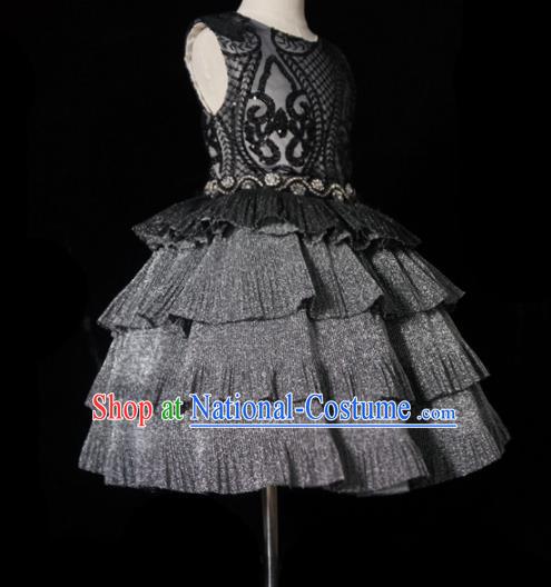 Top Grade Modern Fancywork Compere Grey Bubble Dress Catwalks Court Princess Stage Show Dance Costume for Kids