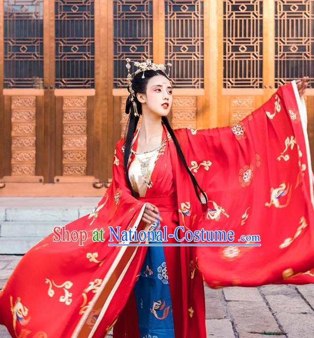 Chinese Tang Dynasty Wedding Embroidered Red Hanfu Dress Traditional Ancient Court Princess Historical Costume for Women