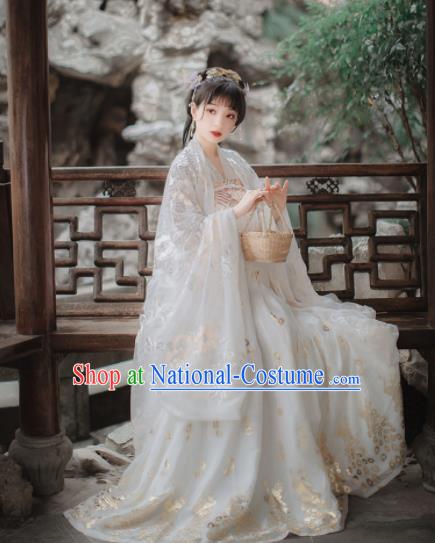 Chinese Tang Dynasty Court Princess Historical Costume Traditional Ancient Peri Goddess White Hanfu Dress for Women