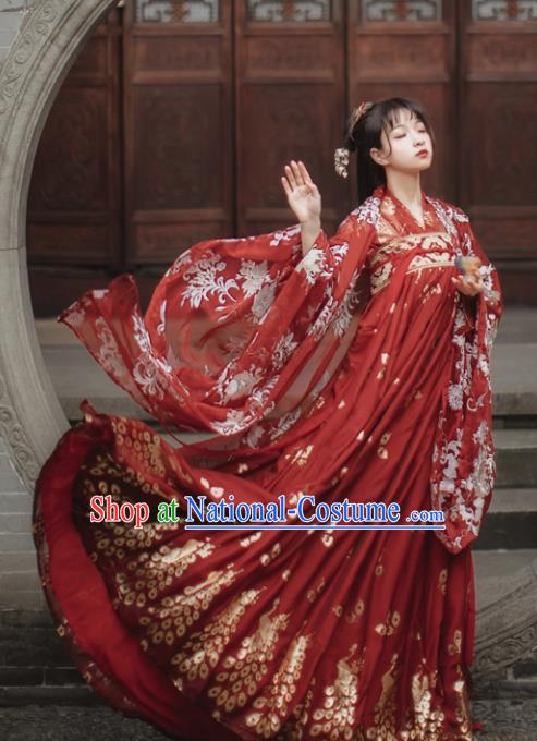 Traditional Chinese Tang Dynasty Court Princess Wedding Historical Costume Traditional Ancient Peri Goddess Red Hanfu Dress for Women