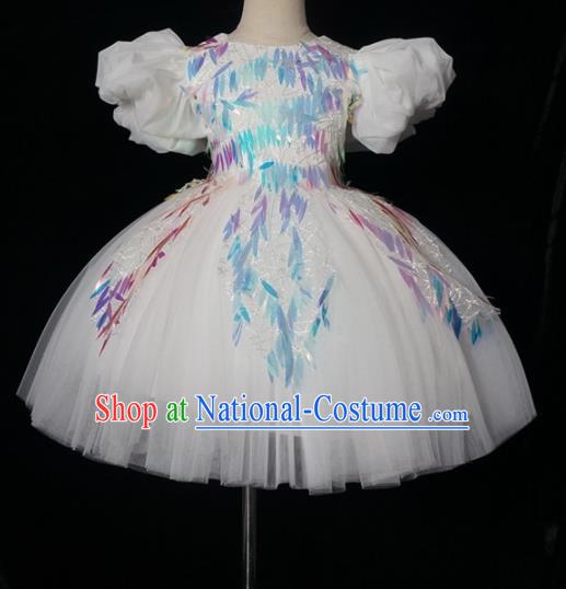 Top Grade Modern Fancywork Compere White Short Dress Catwalks Court Princess Stage Show Dance Costume for Kids