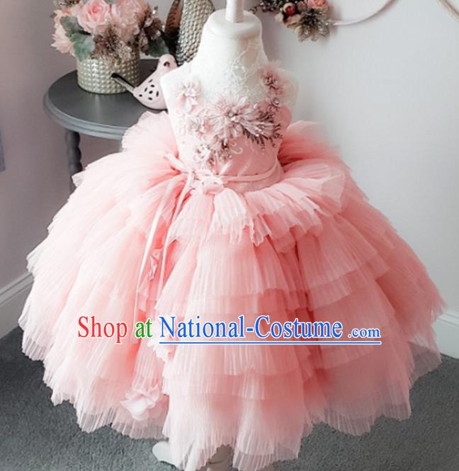 Top Grade Modern Fancywork Court Princess Compere Pink Dress Catwalks Stage Show Dance Costume for Kids