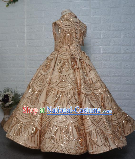 Top Grade Chinese Stage Show Costume Catwalks Dance Embroidered Golden Full Dress for Kids