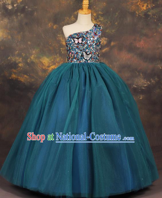 Professional Catwalks Stage Show Peacock Blue Dress Modern Fancywork Compere Court Princess Dance Costume for Kids