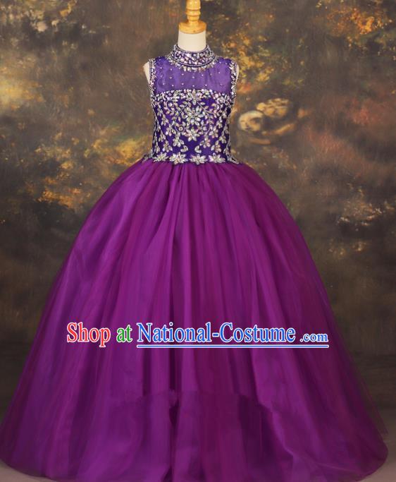 Professional Catwalks Stage Show Purple Dress Modern Fancywork Compere Court Princess Dance Costume for Kids