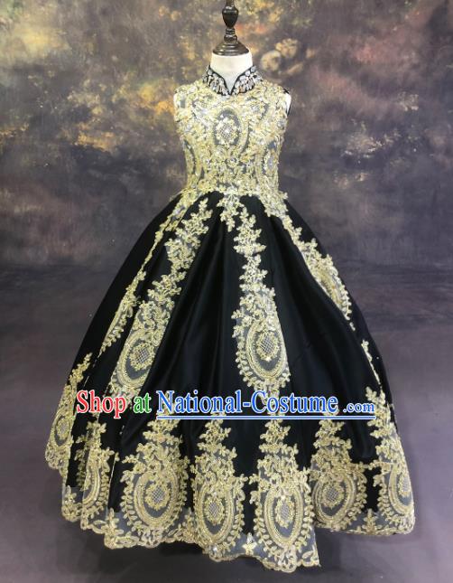 Professional Catwalks Stage Show Black Dress Modern Fancywork Compere Court Princess Dance Costume for Kids