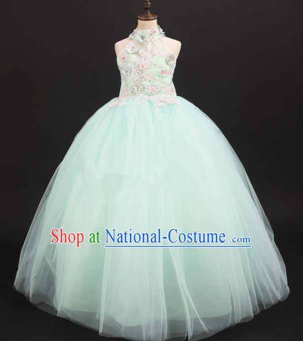 Professional Catwalks Stage Show Waltz Dance Green Veil Dress Modern Fancywork Compere Court Princess Costume for Kids