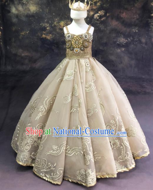 Professional Catwalks Stage Show Champagne Dress Modern Fancywork Compere Court Princess Dance Costume for Kids