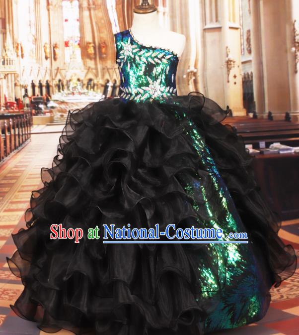 Professional Girls Compere Black Veil Paillette Full Dress Modern Fancywork Catwalks Stage Show Costume for Kids