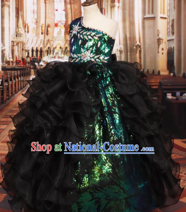 Professional Girls Compere Black Veil Paillette Full Dress Modern Fancywork Catwalks Stage Show Costume for Kids