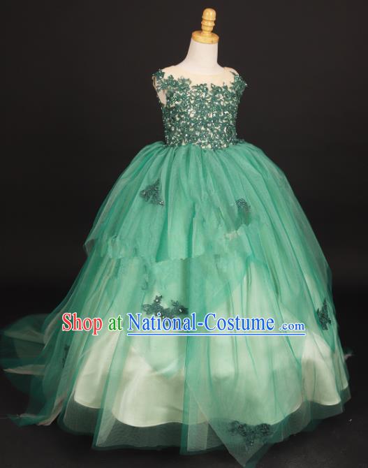 Professional Girls Compere Green Veil Trailing Full Dress Modern Fancywork Catwalks Stage Show Costume for Kids