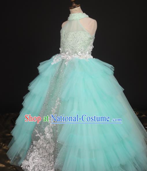 Professional Girls Compere Light Blue Veil Full Dress Modern Fancywork Catwalks Stage Show Costume for Kids