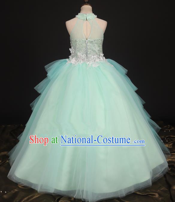 Professional Girls Compere Light Blue Veil Full Dress Modern Fancywork Catwalks Stage Show Costume for Kids