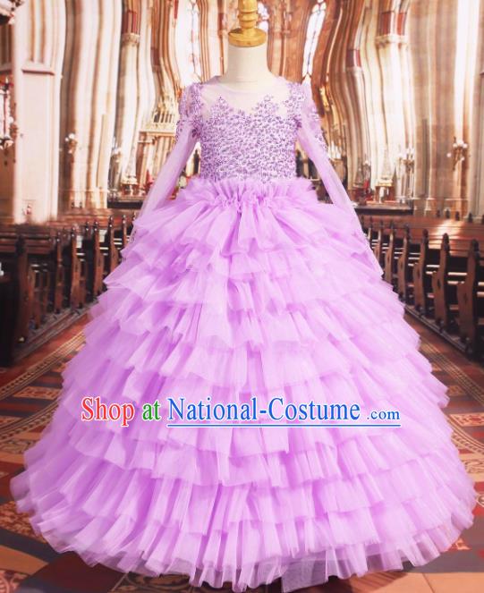 Professional Girls Compere Purple Veil Full Dress Modern Fancywork Catwalks Stage Show Costume for Kids