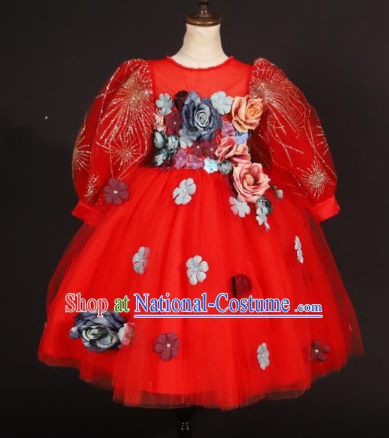 Professional Girls Compere Red Veil Full Dress Modern Fancywork Catwalks Stage Show Costume for Kids