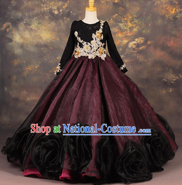 Professional Girls Compere Embroidered Trailing Full Dress Modern Fancywork Catwalks Stage Show Costume for Kids