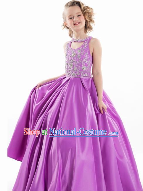 Professional Girls Compere Purple Full Dress Modern Fancywork Catwalks Stage Show Costume for Kids