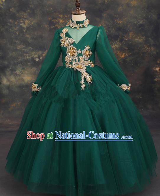 Professional Girls Compere Embroidered Deep Green Full Dress Modern Fancywork Catwalks Stage Show Costume for Kids