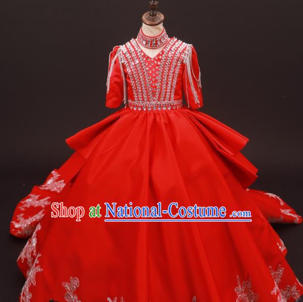 Professional Girls Compere Crystal Red Full Dress Modern Fancywork Catwalks Stage Show Costume for Kids